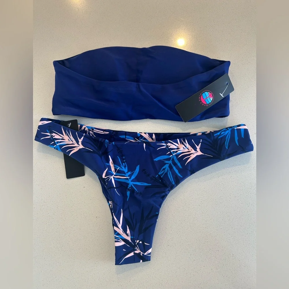 Pink Cove Tropical Blue Bandeau Bikini Set - Solid Top & Printed Bottom Size S
